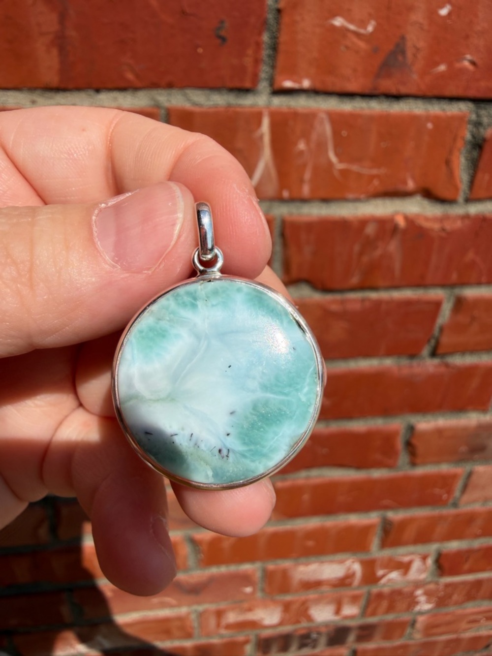 Round Larimar Pendant Necklace - Silver Setting - Seafoam Blue Green